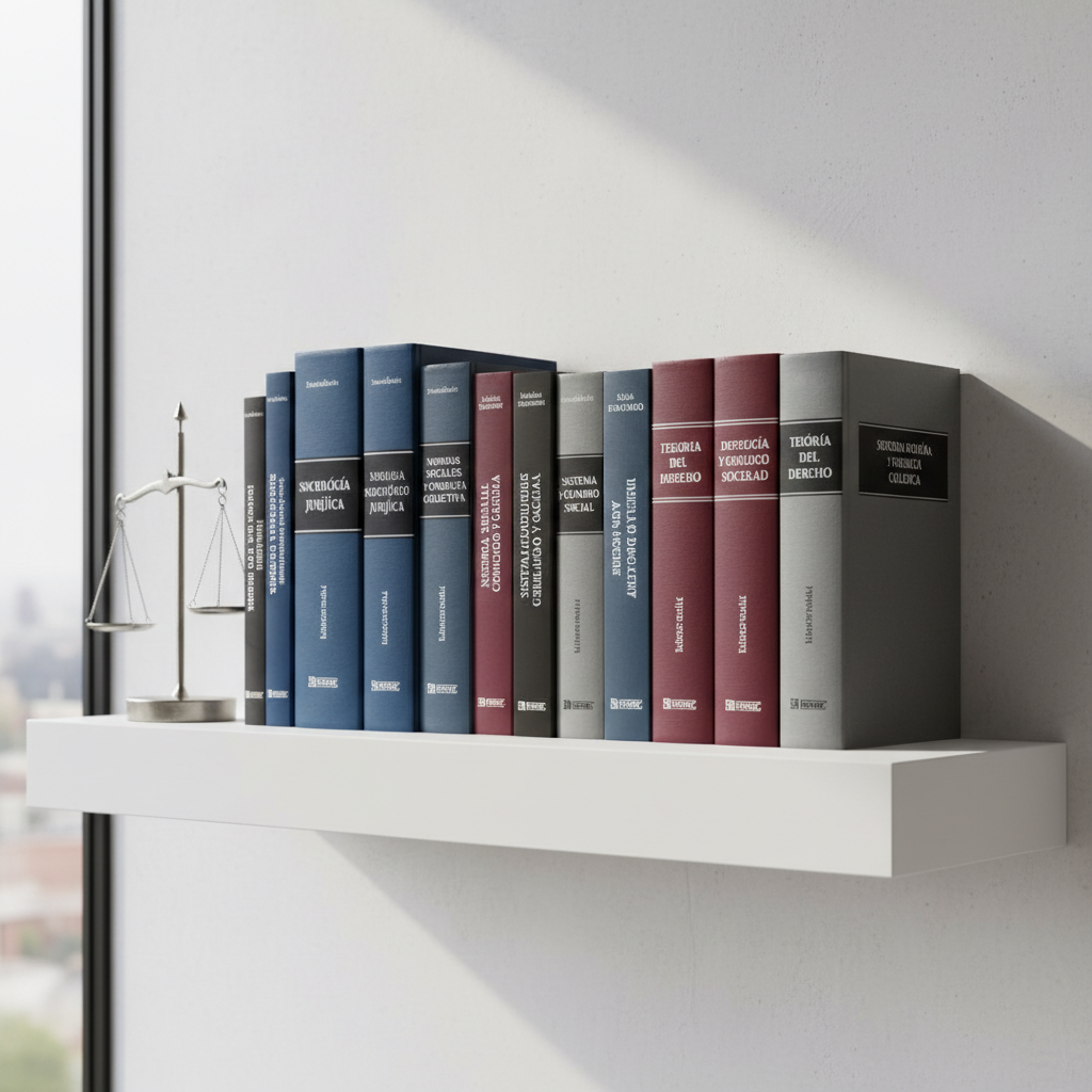 A carefully arranged collection of hardcover books on sociology and law, all in Spanish, standing upright on a modern white shelf. Titles about “Sociología Jurídica,” “Normas Sociales,” and “Sistema Jurídico” are clearly visible on matte, color-coordinated spines in deep blues, grays, and burgundies. A minimalist scale of justice sculpture in brushed metal stands at one end as a bookend. Soft, overcast natural light from the side produces even illumination, minimal glare, and calm shadows. The photograph is composed using the rule of thirds, with sharp focus across the frame to emphasize clarity and order. The atmosphere feels professional, rigorous, and organized, conveying the academic foundation of legal sociology in a clean, contemporary style appropriate for an educational site.