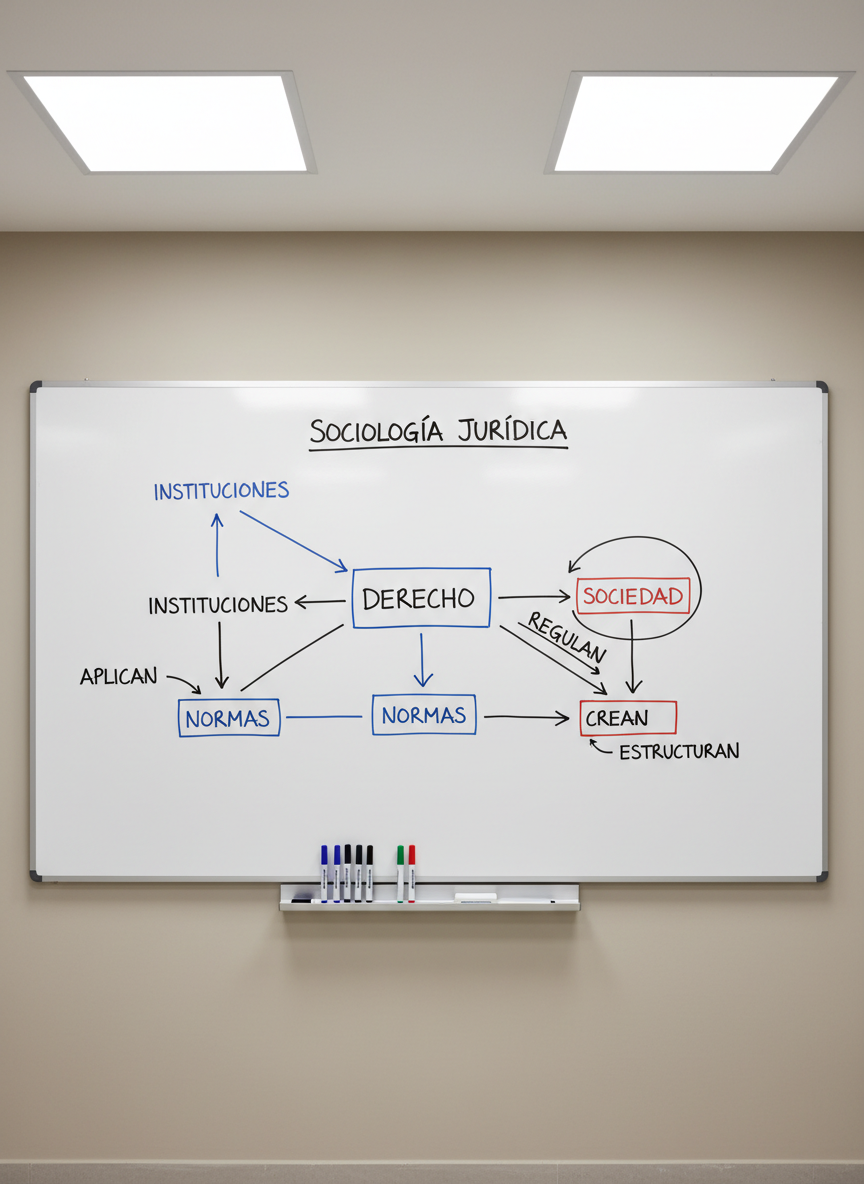 A large, clean whiteboard mounted on a neutral-toned wall, covered with a well-organized diagram connecting “Derecho,” “Sociedad,” “Normas,” and “Instituciones” in clear handwritten Spanish. Arrows and neatly drawn boxes illustrate the relationship between legal norms and social structures. Below the whiteboard, a minimalist ledge holds assorted colored markers and an eraser arranged symmetrically. Overhead LED panel lighting casts uniform, shadow-free illumination, creating a bright, focused environment. Photographic realism from a straight-on, eye-level perspective keeps every word legible, with sharp focus and a slightly wide frame to capture the entire board. The mood is academic and explanatory, evoking a university classroom or seminar, perfectly suited to visually explain the definition and scope of sociología jurídica.